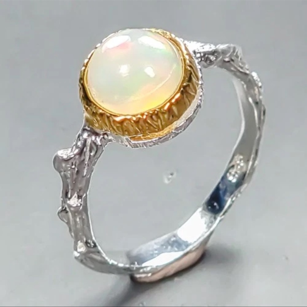 Natural Opal Cabochon Two-Tone Silver Ring White Opalescent 925 Silver Size 5.5